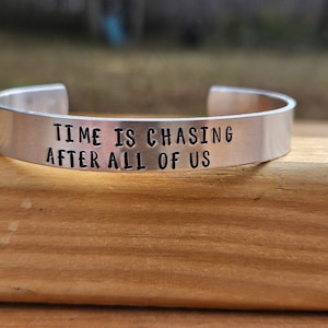 Peter Pan - Metal stamped quote cuff bracelet - Time is chasing after all of us - bookworm jewelry, JM Barre, quote jewelry, metal stamping