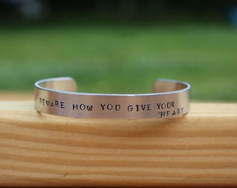 Jane Austen - Northanger Abbey Quote Bracelet - "Beware how you give your heart" - metal stamped cuff bracelet