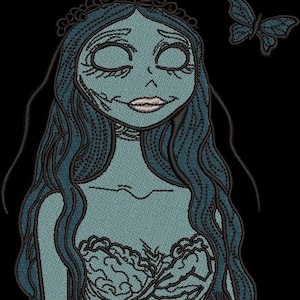 Puede incluir: Un diseño de bordado que muestra una figura estilizada con cabello largo y ondulado de color azul, un tocado floral y un vestido sin tirantes. La figura tiene piel azul pálido, ojos cerrados y labios rosados. Dos mariposas azul oscuro.