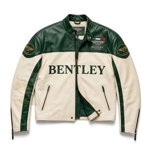 May include: A two-tone leather jacket in dark green and cream featuring the word BENTLEY in large dark green letters across the chest. The jacket includes a stand-up collar, a front zipper, two zippered side pockets, and embroidered patches.