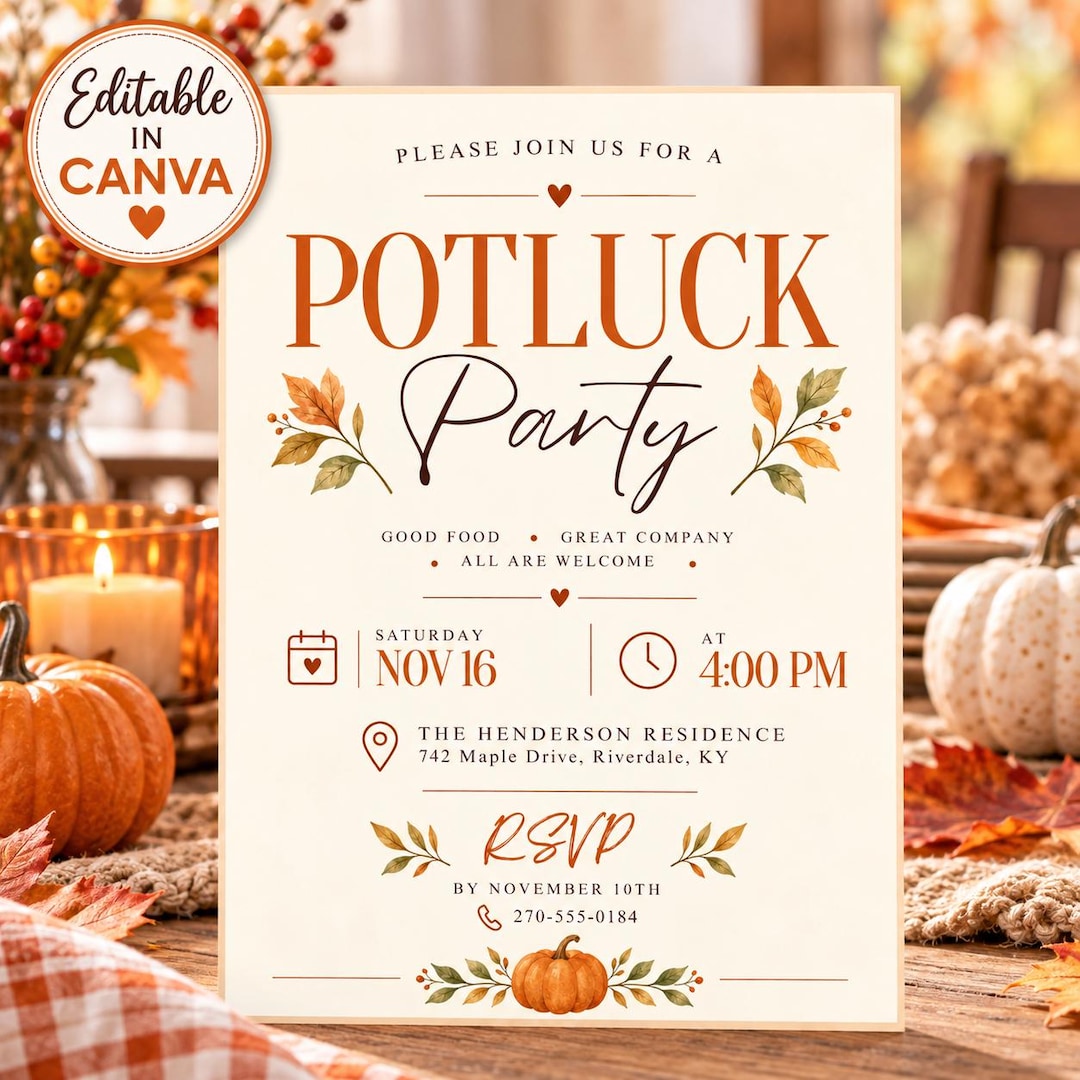 Potluck Invite Example Fall Potluck Party Invitation Editable Canva Template Thanksgiving ...