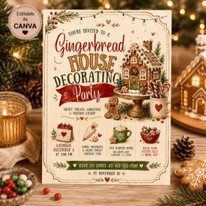 Pode incluir: Um convite cor de creme para uma festa de decoração de casas de gengibre com uma ilustração de casa, bengalas doces, um boneco de gengibre e detalhes de texto incluindo a data sábado, 6 de dezembro, às 14h00 e RSVP 469-555-7890.