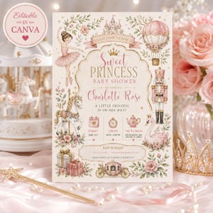 Może przedstawiać: Prostokątne zaproszenie na baby shower w kolorach różowym i złotym z ilustracjami baletnicy, konika z karuzeli, dziadka do orzechów, łabędzia, balonu na ogrzane powietrze, zamku i powozu, z napisem Sweet Princess.
