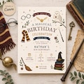 Magical Wizard Birthday Invitation Template Enchanted Vintage Owl Broomstick Wand Scarf Editable Canva Printable Kids Party School Invite product logo