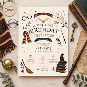 May include: A rectangular birthday invitation card with cream background featuring illustrations of round glasses, a golden snitch, an owl, a striped scarf, a broomstick, a wand, and a stack of books with a hat. Text includes A MAGICAL BIRTHDAY CELEBRATION, NATHAN'S 8TH BIRTHDAY, and event details.