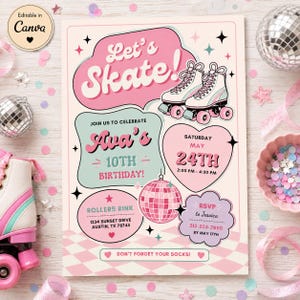 May include: A rectangular birthday party invitation featuring the text Let's Skate, Ava's 10th Birthday, and event details. The design includes illustrations of roller skates, a disco ball, and stars in pink, teal, and white on a checkered background.