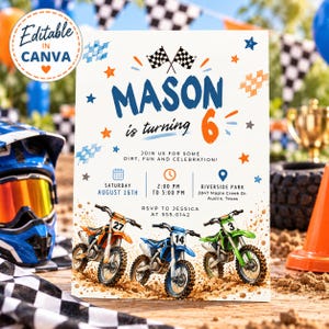 May include: A birthday invitation card featuring a racing theme with three dirt bikes, checkered flags, and stars. The text reads: MASON is turning 6, Saturday August 16th, 2:00 PM to 5:00 PM, Riverside Park, 2847 Maple Creek Dr. Austin, Texas, RSVP to Jessica at 555.0142.