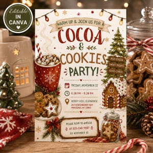 Może przedstawiać: Zaproszenie na przyjęcie Cocoa and Cookies z czerwonym kubkiem, domkiem z piernika, choinką i ciasteczkami. Tekst głosi: Warm up and join us for a Cocoa and Cookies party, Friday, November 22, 6:30 PM - 8:30 PM, Berry Hill Clubhouse, 214 Winterberry Way, Mapledale, NY 13645, Please RSVP to Amelia at 555-246-9187 by November 15.