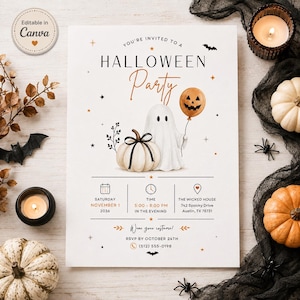 May include: A white Halloween party invitation card featuring a ghost holding a jack-o'-lantern balloon next to a pumpkin. The text reads: You're invited to a Halloween Party, Saturday November 1 2036, 5:00-8:00 PM, The Wicked House, 742 Spooky Drive, Austin, TX 78731.