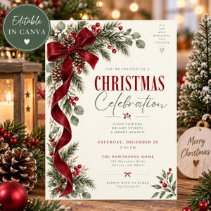 Redigerbar mall för inbjudan till julfest, elegant tallbärsband, högtid, vuxen, utskrivbar Canva, nedladdningsbar digital kortfil