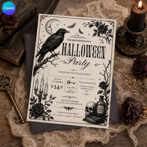 May include: A rectangular Halloween party invitation card featuring black ink illustrations of a raven on a branch, a crescent moon, a skull, a candelabra, and roses. The text reads: YOU ARE INVITED TO A HALLOWEEN PARTY HOSTED BY THE MILLER FAMILY.