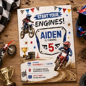 May include: A rectangular birthday invitation card featuring motocross graphics, two riders on dirt bikes, a gold trophy, and tyres. The text reads: START YOUR ENGINES! AIDEN IS TURNING 5, SATURDAY NOVEMBER 11, 3:00 PM, 1111 GRAND SLAM AVE, SPRINGFIELD, CA 90210, RSVP TO ANNA 555-876-3421.