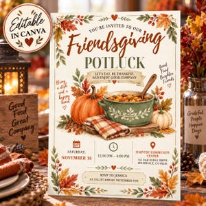 May include: A Friendsgiving potluck invitation card featuring autumn leaves, a pumpkin, and a green casserole dish with a wooden spoon. Text includes You're Invited To Our Friendsgiving Potluck, Let's Eat, Be Thankful And Enjoy Good Company, Saturday, November 16, 12:00 PM - 4:00 PM, Harvest Community Center, 732 Oak Ridge Drive, Riverdale, CA 90210, and RSVP To Jessica At 555-267-0198 By November 9th.