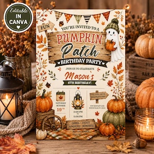 May include: A birthday party invitation card featuring a wooden sign with the text Pumpkin Patch, a ghost in a green hat, orange pumpkins, autumn leaves, and bunting. The card includes details for Mason's 6th birthday on October 19th at 2:00 PM.