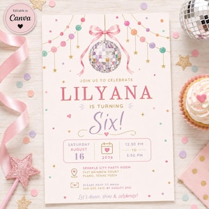 Peut inclure: Une carte d'invitation d'anniversaire avec une boule à facettes ornée d'un nœud rose, des guirlandes colorées et des confettis. Le texte indique : JOIN US TO CELEBRATE LILYANA IS TURNING SIX! SATURDAY AUGUST 16, 2036, 12:30 PM TO 3:30 PM.