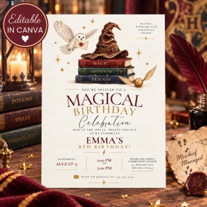 May include: A birthday invitation card featuring a brown wizard hat atop three stacked books labeled Magic, Adventure, and Friends. A white owl carries a letter, and a golden snitch is visible. Text includes Emma's 8th Birthday, August 17, 2:00 PM to 5:00 PM, and Highland Grove Community Center, 454 Willow Lane, Denver, CO 80221.