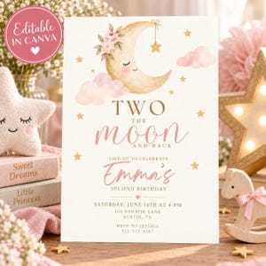 May include: A rectangular birthday invitation card featuring a watercolor crescent moon with a face, pink flowers, and clouds. The text reads: TWO THE MOON AND BACK, JOIN US TO CELEBRATE Emma's SECOND BIRTHDAY, SATURDAY, JUNE 14TH AT 4 PM, 123 SUNRISE LANE, AUSTIN, TX.