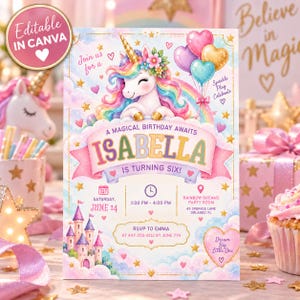 May include: A birthday invitation card featuring a white unicorn with a rainbow mane, gold horn, and floral crown. The text reads: A MAGICAL BIRTHDAY AWAITS ISABELLA IS TURNING SIX, SATURDAY JUNE 14, 1:00 PM - 4:00 PM, RAINBOW DREAMS PARTY ROOM, RSVP TO EMMA.