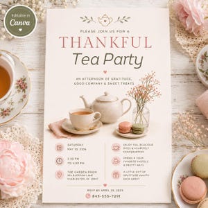 以下が含まれることがあります： ティーポット、ティーカップ、マカロンが描かれたThankful Tea Partyの長方形の招待状。2036年5月10日にThe Garden Room（854 Blossom Lane, Charleston, SC 29407）で開催されるイベントの詳細と、2025年4月28日までの出欠確認の案内が記載されています。