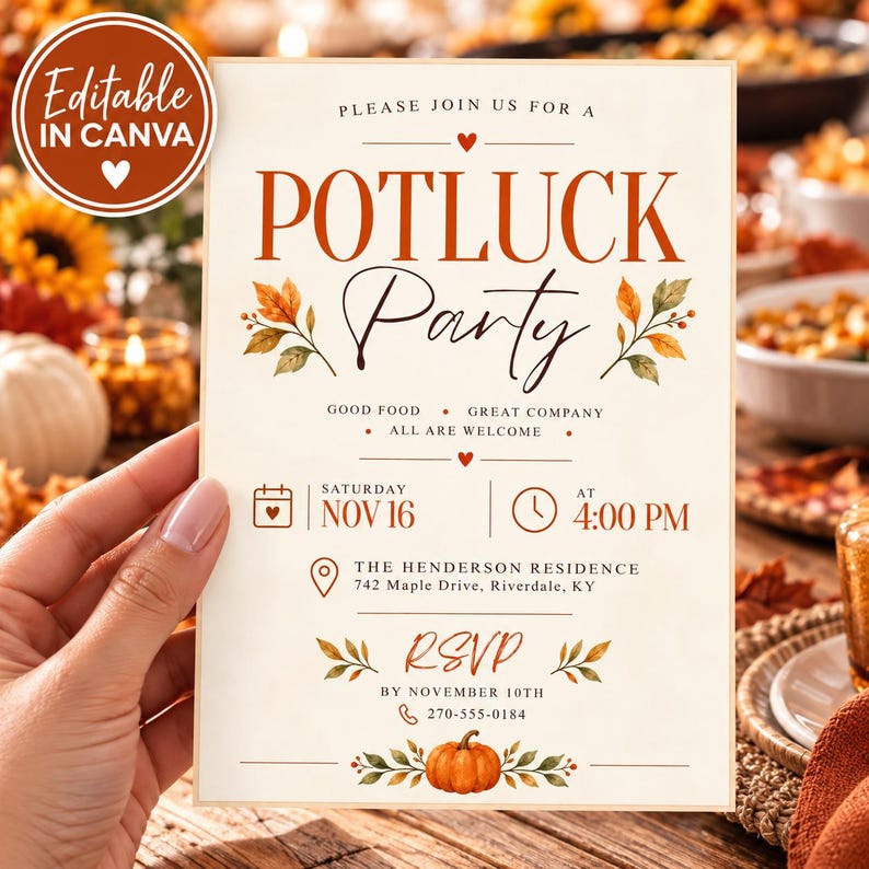 Potluck Invite Example Fall Potluck Party Invitation Editable Canva Template Thanksgiving ...