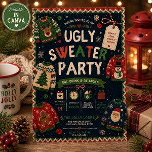May include: A rectangular party invitation card with a dark blue background featuring illustrations of colourful holiday jumpers, a gift tag reading WEAR IT LOUD, WEAR IT PROUD, and text announcing an Ugly Sweater Party at The Jolly Lodge on December 14.