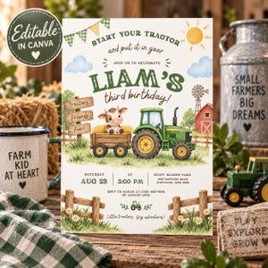 May include: A birthday invitation card featuring a green tractor, a cow in a wagon, a red barn, and a windmill. The text reads: Start your tractor and put it in gear, join us to celebrate Liam's third birthday, Saturday Aug 23 at 2:00 PM.