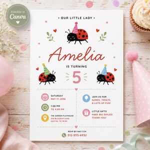 May include: A white birthday invitation card featuring three ladybugs wearing colorful party hats, the text "OUR LITTLE LADY", "Amelia IS TURNING 5", and event details including the date May 17, 2036, time, location, and RSVP phone number 512-555-6932.