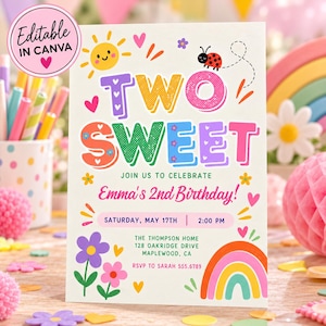 Könnte beinhalten: Eine Geburtstagseinladungskarte mit dem Text TWO SWEET, JOIN US TO CELEBRATE, Emma's 2nd Birthday, Saturday, May 17th, 2:00 PM, The Thompson Home, 128 Oakridge Drive, Maplewood, CA, RSVP to Sarah 555.6789 und Editable in Canva.