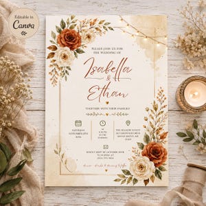 May include: A wedding invitation card featuring floral arrangements of rust-orange and cream roses with green leaves. The text reads: Please join us for the wedding of Isabella & Ethan, Saturday November 8th 2036, at 4:30 PM, The Hillside Estate.