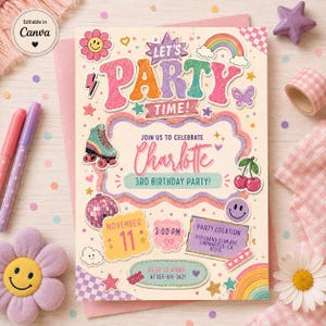 May include: A rectangular birthday party invitation card featuring the text LET'S PARTY TIME!, JOIN US TO CELEBRATE Charlotte 3RD BIRTHDAY PARTY!, NOVEMBER 11, 3:00 PM, and party location details. The design includes colorful graphics of a roller skate, disco ball, rainbows, cherries, and smiley faces.