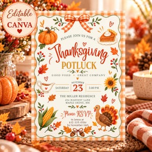 May include: A rectangular Thanksgiving potluck invitation card with an orange gingham border. It features illustrations of a pumpkin, a slice of pie, a turkey, corn, and autumn leaves. Text includes "Thanksgiving POTLUCK", "NOVEMBER 23", and "Please RSVP".