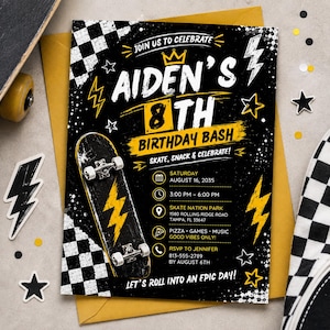 Plantilla de invitación para fiesta de cumpleaños con temática de skate: invitaciones digitales editables, estilo grunge, amarillas llamativas, para niños y niñas. Descarga instantánea.