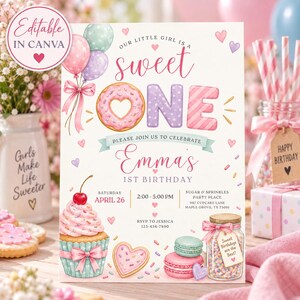 May include: A birthday invitation card featuring the text 'OUR LITTLE GIRL IS A sweet ONE' with illustrations of a pink doughnut, a cupcake with a cherry, a heart-shaped biscuit, macarons, and a jar of sprinkles, plus event details for Emma's 1st birthday.