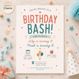 May include: A rectangular birthday party invitation card with a cream background, featuring colorful text that reads: YOU'RE INVITED TO A BIRTHDAY BASH! COME CELEBRATE Lily is turning 8, Noah is turning 6, Saturday June 21, 2036, 1:00-4:00 PM, The Happy Place, 456 Sunshine Way, Austin, TX 78701, RSVP to Mama Jen by June 10th 512.555.7890.
