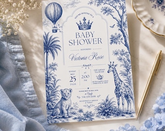 Blue Toile Baby Shower Invitation Template Vintage Safari Editable Royal Crown Giraffe Elegant Digital Invite Instant Download Card