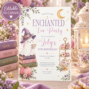 May include: A rectangular invitation card for an Enchanted Tea Party 5th birthday celebration. The design features a ghost wearing a purple witch hat, a stack of books, a pink pumpkin, and a tiered dessert stand with tea and treats.