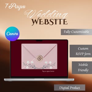 Puede incluir: Una pantalla de portátil muestra una plantilla de sitio web de bodas digital de 7 páginas. La pantalla muestra un sobre rosa con un sello de cera floral y el texto Tap to open Invite. El texto incluye Wedding WEBSITE, Fully Customizable, Custom RSVP form, Mobile Friendly y Digital Product.