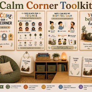 May include: A Calm Corner Toolkit set featuring four wall posters with educational text, a ring-bound set of strategy cards, and three instructional guides. The posters include themes like Welcome, Feelings, Body Calm, and You Belong Here with illustrations.