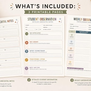 May include: Three printable pages for student tracking: Student Anecdotal Notes, Student Observation, and Weekly Observation Log. Each page features lined sections, headers, and icons in muted colors for recording student progress and observations.