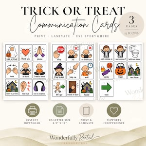 Op de afbeelding: Drie pagina's met Trick or Treat communicatiekaarten met 25 kleurrijke iconen voor Halloween. Elke kaart toont een eenvoudige illustratie met tekstlabels zoals stop, candy, treat en bathroom please. Het formaat is 21,59 cm x 27,94 cm.