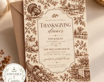 May include: A cream-colored Thanksgiving dinner invitation card featuring brown ink illustrations of a turkey, pumpkins, a cornucopia, and a rural landscape. The text reads: Please join us for a Thanksgiving dinner, Thursday, November 27, 2026.