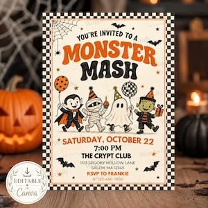 Puede incluir: Una invitación rectangular para una fiesta de Halloween con un borde a cuadros blanco y negro. El texto dice YOU'RE INVITED TO A MONSTER MASH, SATURDAY, OCTOBER 22, 7:00 PM, THE CRYPT CLUB, 1313 SPOOKY HOLLOW LANE, SALEM, MA 12345, RSVP TO FRANKIE AT 123-456-7890.