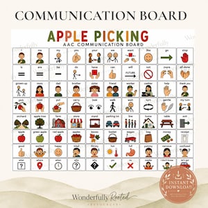 Op de afbeelding: Een AAC-communicatiebord over appels plukken, bestaande uit een raster met iconen en tekstlabels. Het bevat categorieën voor mensen, acties, plaatsen en emoties gerelateerd aan een boomgaardbezoek, met een titel bovenaan in vetgedrukte letters.