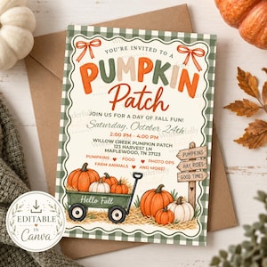 May include: A rectangular invitation card with a green and white gingham border featuring orange bows. The text reads: You're invited to a Pumpkin Patch, Saturday, October 24th, 2:00 PM - 4:00 PM, Willow Creek Pumpkin Patch, 123 Harvest Ln, Maplewood, TN 37123.