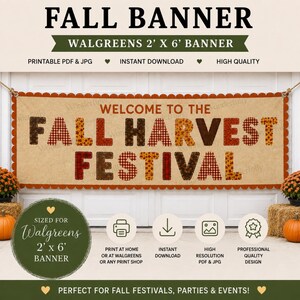 Fall Harvest Festival Banner, Patchwork Fabric Letters, Scalloped Border (Digital Download)