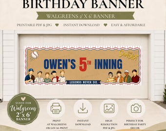 May include: A rectangular birthday banner featuring a baseball theme with the text "OWEN'S 5TH INNING" and "LEGENDS NEVER DIE". The design includes illustrations of children in baseball attire, a baseball, and the logo for The Sandlot, sized 2' x 6'.