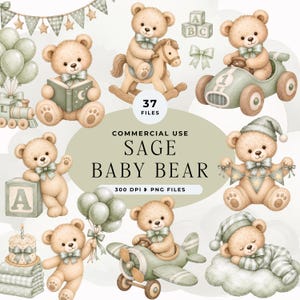 May include: A digital collection of 37 watercolor illustrations featuring light brown teddy bears in sage green accents. Elements include bears with books, rocking horses, race cars, airplanes, balloons, birthday cakes, and alphabet blocks.