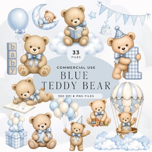 Puede incluir: Una colección de ilustraciones digitales con ositos de peluche de color marrón claro con lazos azules, globos azules, nubes, un globo aerostático, un pastel de cumpleaños y bloques del alfabeto. El texto dice 33 FILES, COMMERCIAL USE, BLUE TEDDY BEAR, 300 DPI PNG FILES.