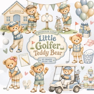 Puede incluir: Una colección de imágenes prediseñadas en acuarela con osos de peluche vestidos con ropa de golf, incluyendo osos con palos, un carrito de golf, una casa club, globos y una tarjeta de puntuación. El texto central dice Little Golfer Teddy Bear 43 IMAGES 300 DPI PNG.