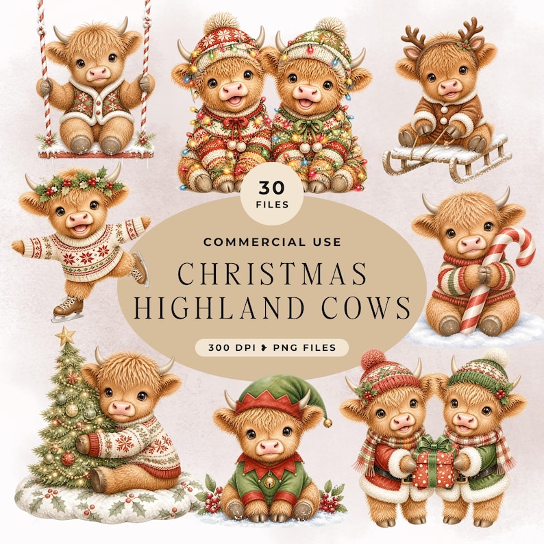 christmas-highland-cow-clipart-bundle-watercolor-holiday-cow-png